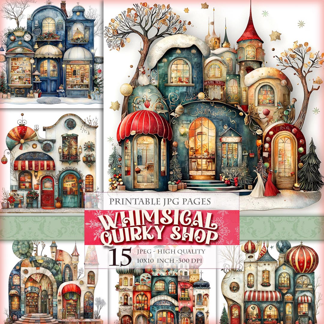 Whimsical Quirky Shops, Printable HQ 15 JPG Digital Images Watercolor ...
