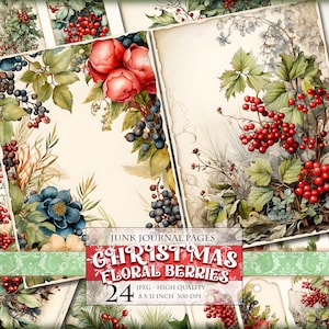Baies florales de Noël, pages imprimables de journal indésirable à l'aquarelle, étiquettes, ATC, 24 JPG - 20 X 11 pouces, téléchargement immédiat, feuilles numériques