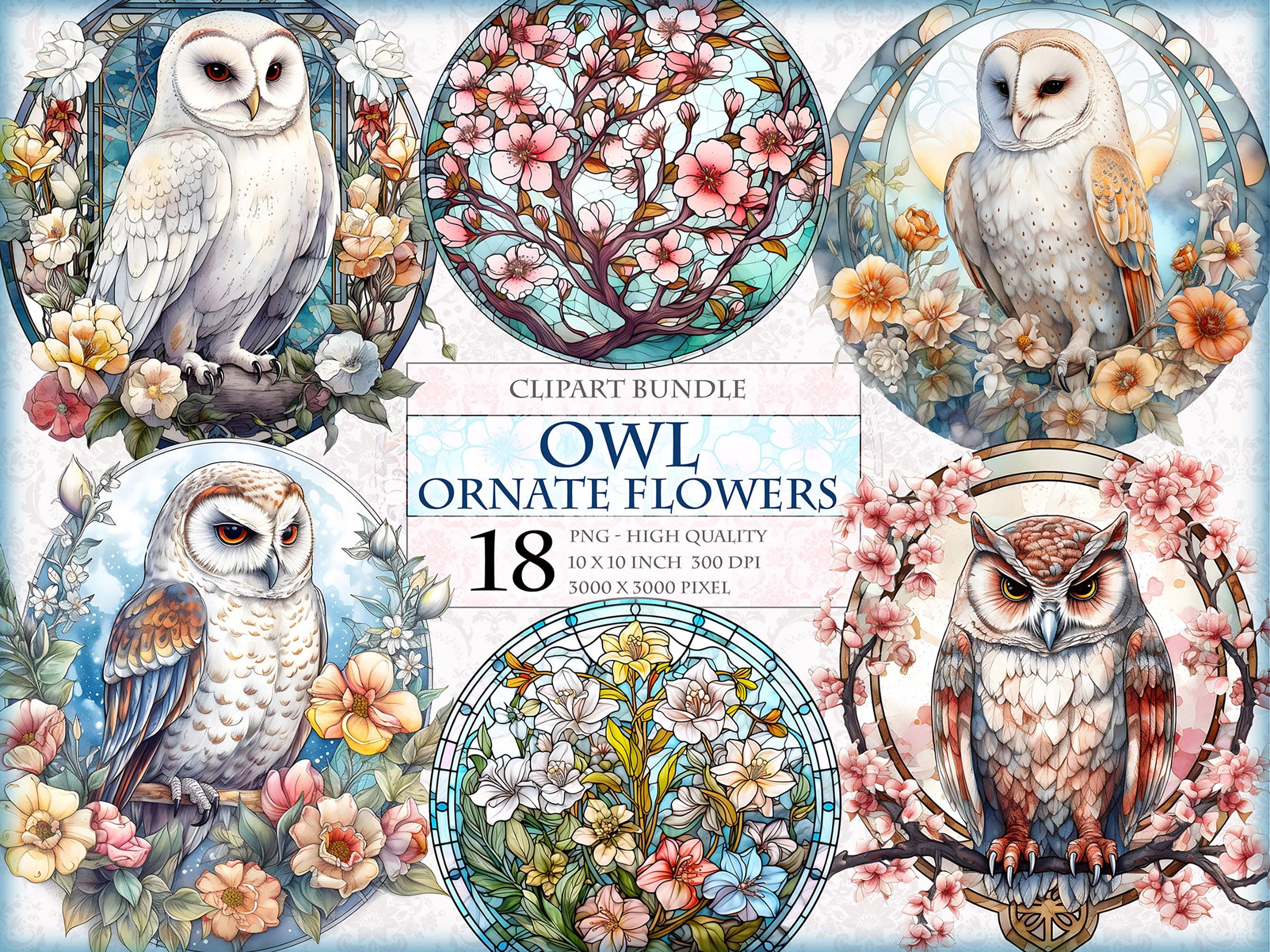 Owl and Ornate Flowers - Watercolor Clipart Bundle - HQ Printable PNG format instant download.
