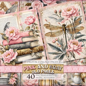 Roze en grijze oude pagina's, aquarel plakboek - collagebladen ongewenste dagboeken, afdrukbare 40 enkele pagina JPG - 11 x 8,5 inch, directe download.
