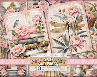 Pink and Gray Old Pages, Watercolor Scrapbook - Junk Journal Collage Sheets, Printable 40 Single Page JPG - 11X8.5 inch, Instant download.
