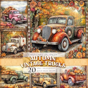 Camiones vintage de otoño, imágenes prediseñadas de paisaje otoñal, calabaza y cosecha, imágenes imprimibles en formato JPG de 20, para álbumes de recortes, diarios basura, descarga instantánea