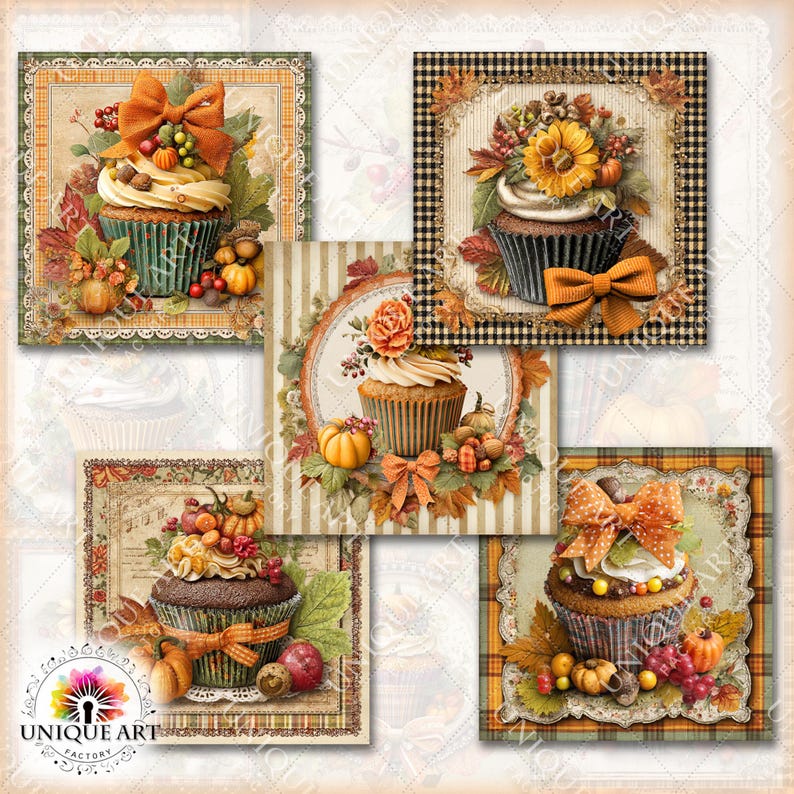 May include: A collage of five decorative images featuring cupcakes with autumn-themed decorations. Each cupcake is adorned with pumpkins, berries, and bows. The images have a vintage aesthetic with ornate borders and a warm color palette of orange, brown, and green.