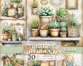 Suculentas Rústicas Vol.01, 20 imagens JPG para impressão, plantas do deserto e cactos, páginas de diário vintage, itens para scrapbook, download instantâneo.