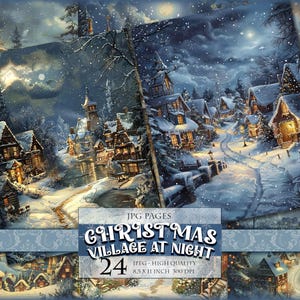 Pueblo navideño de noche, imágenes digitales imprimibles, HQ 24 JPG - 8,5 X 11 pulgadas, página de decoupage de álbum de recortes de diario basura, descarga instantánea.