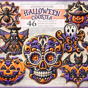 Paquete de imágenes prediseñadas de acuarela con temática de otoño: galletas de Halloween, hombre de jengibre, 46 PNG imprimibles de alta calidad, sublimación transparente, descarga instantánea.