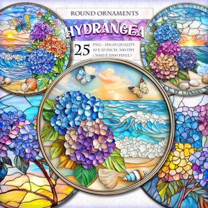 May include: Set of 25 round ornaments featuring hydrangeas and seashells in a stained glass style. The ornaments are 10 inches in diameter and have a high-quality 300 DPI resolution.