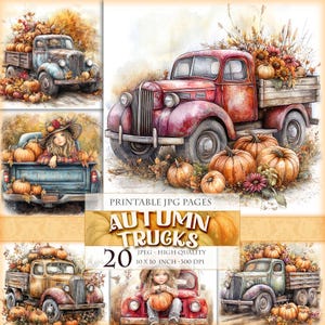 Camiones de otoño, paisaje de otoño, calabaza y cosecha, imagen JPG 20 HQ imprimible, clipart efímero de diario basura de álbum de recortes, descarga instantánea.
