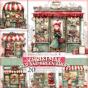 Christmas Red and Green Shops, Noel Market, Printable HQ 20 JPG images clipart scrapbook junk journal decoupage postcard Instant download.