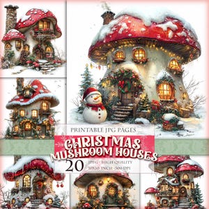 Maisons de Noël champignons, imprimables 20 images JPG HQ, Noël paysage Scrapbooking Junk Journal carte postale découpage aquarelle téléchargement immédiat.