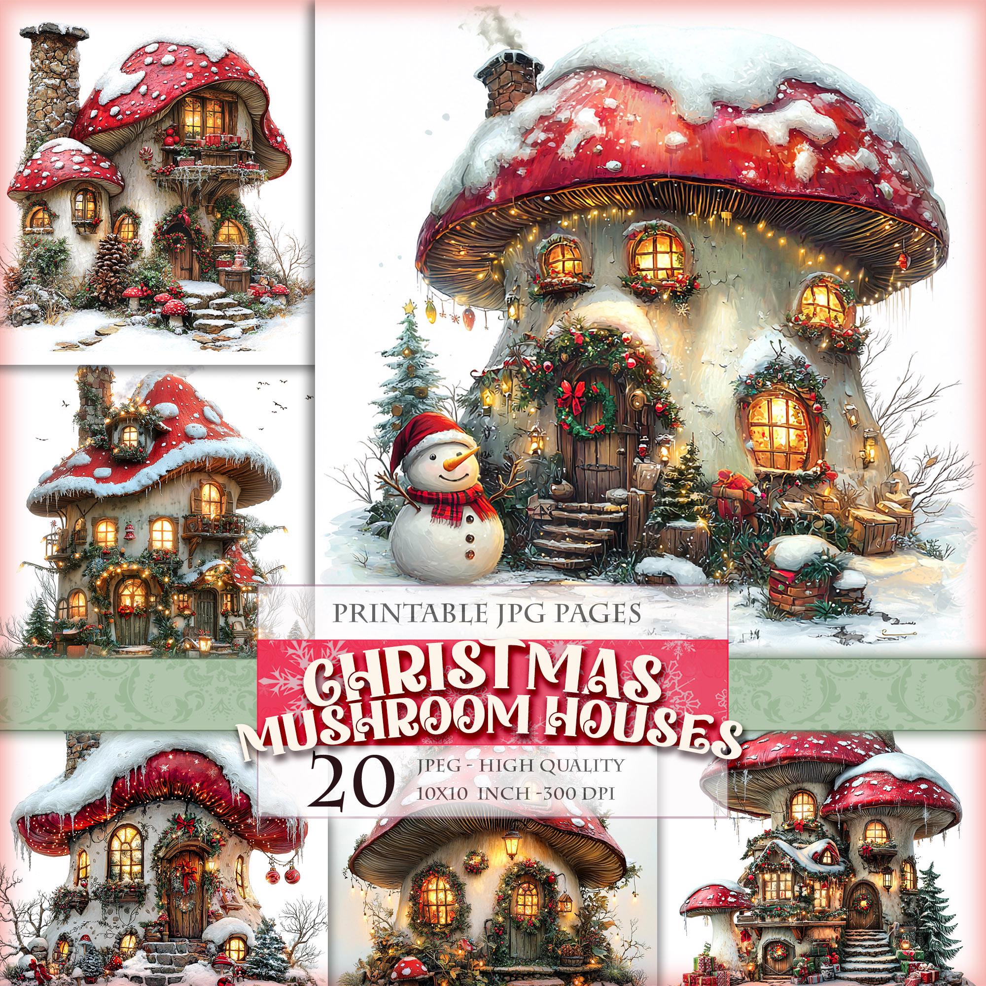 Christmas Mushroom Houses, Printable 20 HQ JPG images, Noel Landscape Scrapbook Junk Journal Postcard Decoupage Watercolor Instant download.
