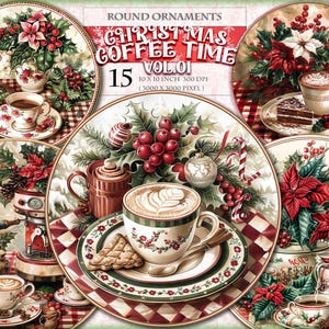 Temps de café de Noël rond vol.01, lot de cliparts aquarelle, image PNG imprimable HQ 15, téléchargement immédiat de découpage de scrapbooking journal.