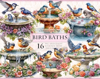 Bird Baths, Watercolor Clipart Bundle, 16 HQ Printable PNG format, transparent sublimation, scrapbook, junk journal image instant download