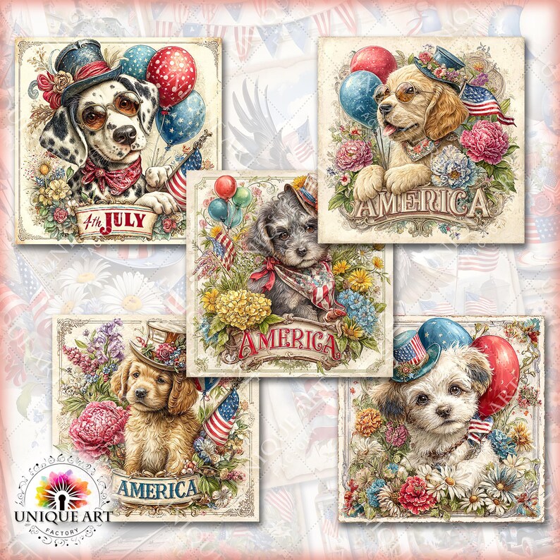 May include: A collection of vintage-style square prints featuring adorable dogs adorned with patriotic hats, bandanas, and balloons. Each print is surrounded by floral arrangements and includes the text "4th JULY" or "AMERICA".