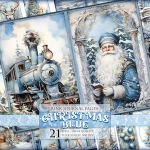 Blue Christmas, Vintage Noel, Watercolor Junk Journal Kit, 21 JPG, Instant download and printable, Digital collage sheet