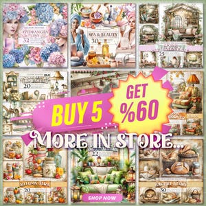 May include: A collage of digital art prints featuring various themes. The images include illustrations of flowers, spa and beauty products, cozy interiors, and baked goods. Text includes "Hydrangea Love," "Spa & Beauty," "Cozy Greenhouse," "Autumn Jars," and "Bakery Story."