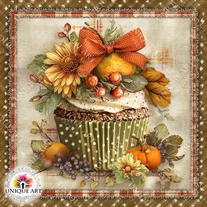 May include: A digital art image of a cupcake decorated with fall-themed elements. The cupcake has a green polka-dot liner and is topped with frosting, a bow, sunflowers, pumpkins, and berries. The background has a rustic, vintage aesthetic.