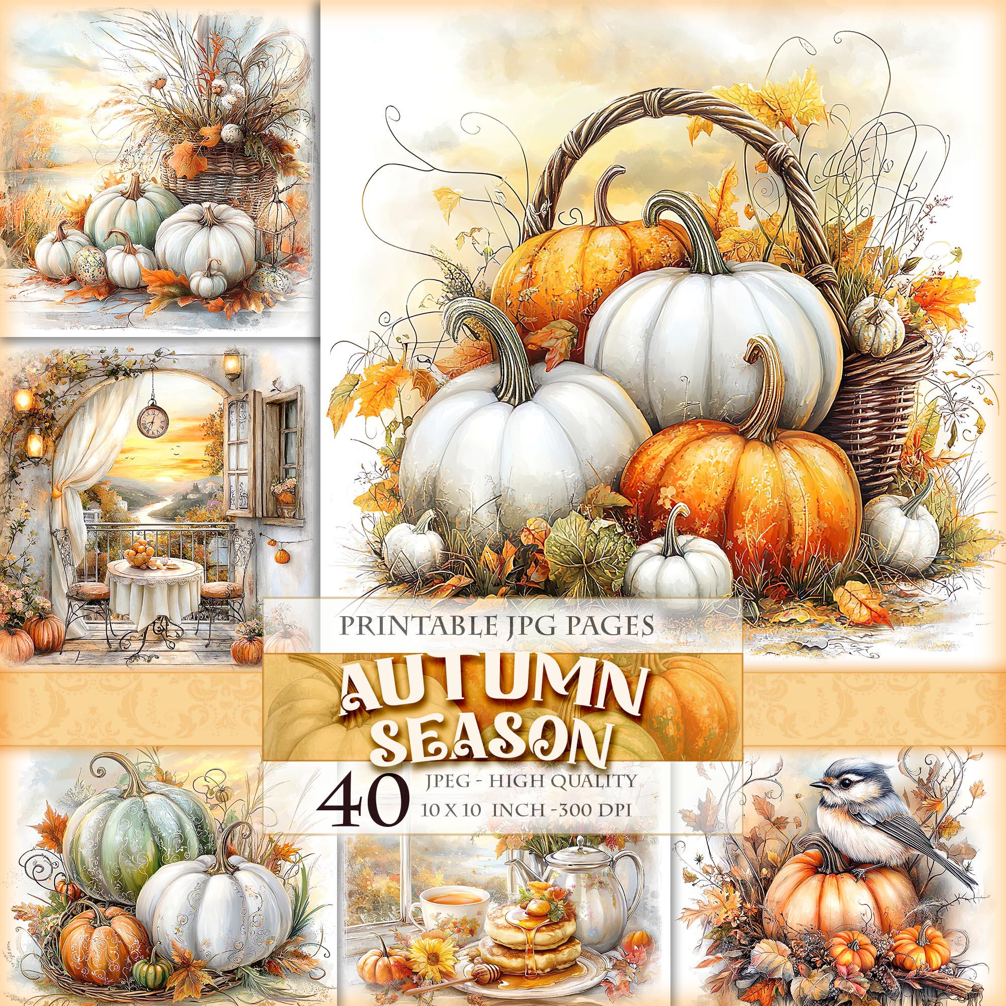 Autumn Season, Fall Landscape, Pumpkin and Harvest, Printable 40 HQ JPG image, scrapbook junk journal ephemera clipart, instant download.