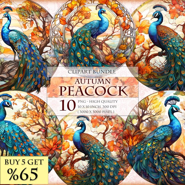 Autumn Peacock, Stained Glass Watercolor Clipart Bundle - HQ Printable PNG format instant download.