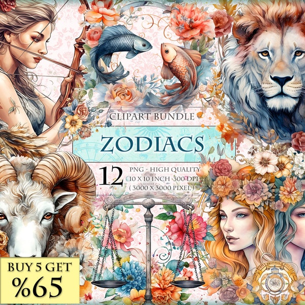 Zodiacs - Horoscope Signs - Astrological Watercolor ClipArt Bundle - HQ Printable PNG format instant download