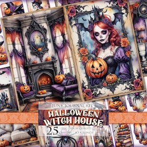Halloween Witch House, Horror Themed Watercolor Junk Journal Kit, Printable 25 JPG - 11X8.5 inch Instant download, Digital collage sheet.