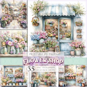 Könnte beinhalten: Eine digitale Collage aus 35 druckbaren JPG-Seiten mit einer Aquarell-Illustration eines Blumenladens. Der Laden hat eine blaue Markise und ist gefüllt mit bunten Blumen in Töpfen und Vasen. Der Text "PRINTABLE JPG PAGES" und "FLOWER SHOP" wird in einer dekorativen Schriftart angezeigt. Der Text "35 JPEG - HOHE QUALITÄT 10 X 10 ZOLL - 300 DPI" wird ebenfalls angezeigt.