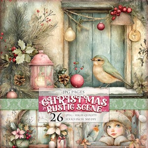 Rustikale Szene Weihnachten, 26 JPG Bild zum ausdrucken Scrapbook Junk Journal Postkarte Decoupage Aquarell Shabby Chic Clipart Sofort download