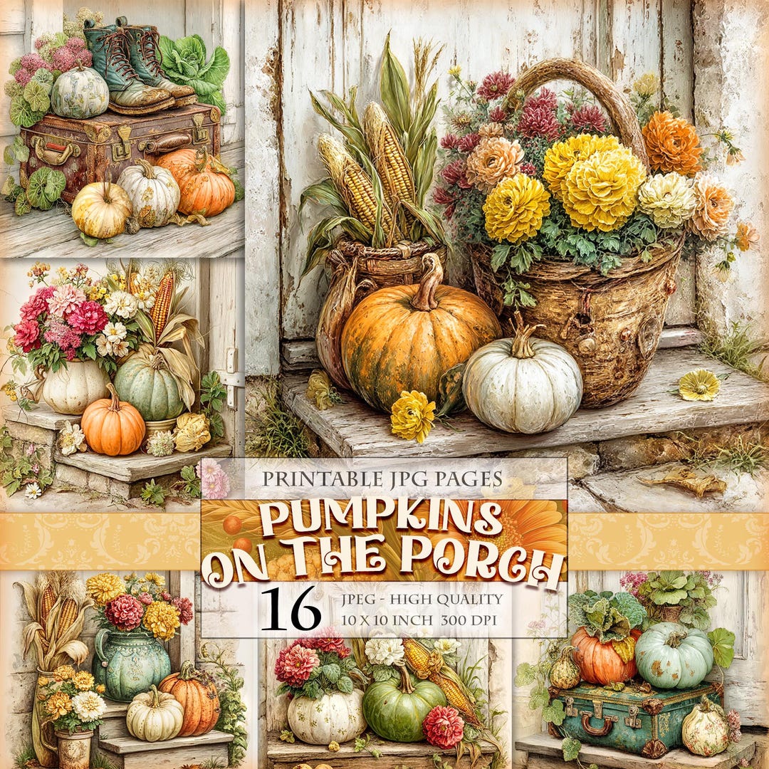 Pumpkins on the Porch, Printable HQ 16 JPG Image, Rustic Fall Harvest ...