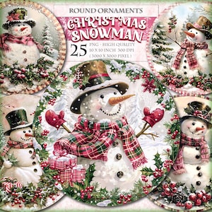 Boneco de neve de Natal enfeites redondos, pacote de clipart em aquarela 25 HQ imagem PNG para impressão Junk Journal scrapbook Decoupage download instantâneo