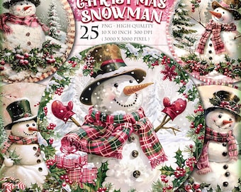 クリスマス雪だるまの丸いオーナメント、水彩クリップアートバンドル25の高画質印刷可能なPNG画像、ジャンクジャーナルスクラップブック、デコパージュ、即時ダウンロード