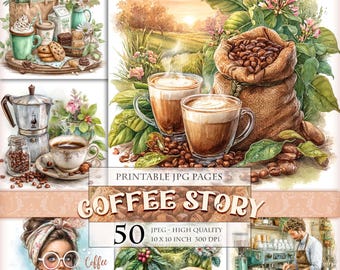 Coffee Story Clipart Set, Printable 50 JPEG image, Cozy Cafe Interiors, People Drinking Coffee, Plantation Landscapes (Digital Download)