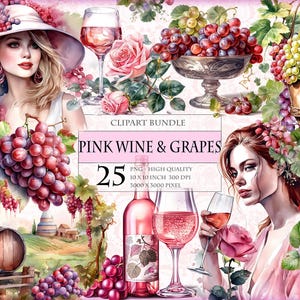 Pink Wine and Grapes, Rose Wine, Watercolor Clipart Bundle, 25 HQ Printable PNG, scrapbook, transparent sublimation image, instant download.