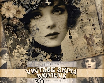Vintage Sepia Women Junk Journal Pages, Victorian Ephemera, Shabby Chic Collage (Digital Download)