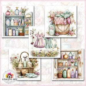 May include: Watercolor illustrations of bathroom and laundry items. The images include a wooden cabinet with bottles, a basket with cleaning supplies, dresses hanging on a clothesline, and a wooden bucket with folded towels. The color palette is soft and pastel.