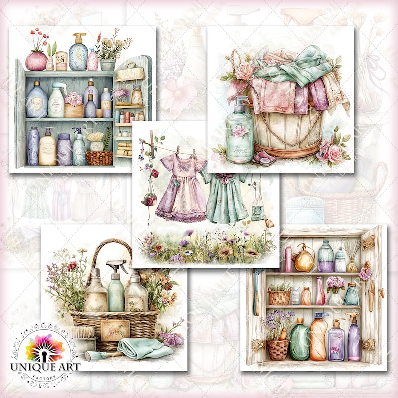 May include: Watercolor illustrations of bathroom and laundry items. The images include a wooden cabinet with bottles, a basket with cleaning supplies, dresses hanging on a clothesline, and a wooden bucket with folded towels. The color palette is soft and pastel.