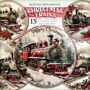 Adornos redondos de tren navideño, paquete de imágenes prediseñadas de acuarela, 15 colgadores de puerta PNG imprimibles, coronas, letreros, sublimación, decoupage, descarga instantánea.