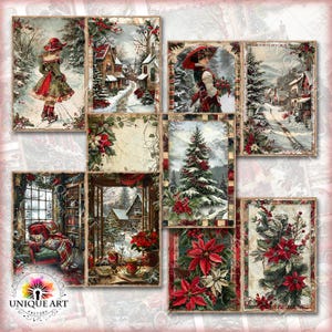 May include: A digital collage sheet with 10 images featuring winter scenes. The images include a girl in a red dress, a snowy village, a Christmas tree, and red poinsettias.