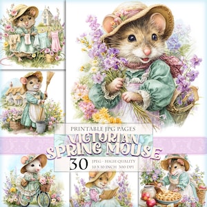 May include: Watercolor illustrations of Victorian-era mice in spring settings. The images feature mice dressed in vintage clothing, engaged in various activities like gardening, reading, and baking. The color palette includes soft pastels and floral elements. The text "VICTORIAN SPRING MOUSE" is visible.
