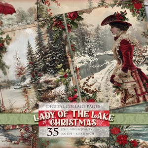 Lady Of The Lake -Christmas, Nostalgic Collage Sheets, Printable Digital Pages, 11X8.5 inch 35 JPG file, Instant download.