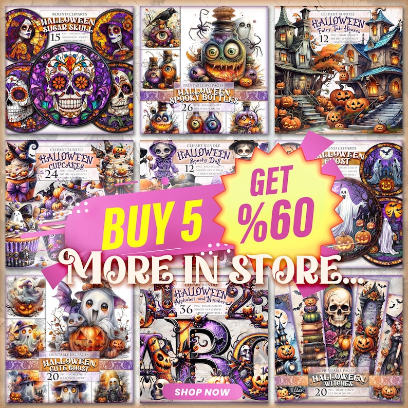 May include: A collage of Halloween-themed digital art bundles. The image features various illustrations, including sugar skulls, spooky bottles, fairy tale houses, cupcakes, spooky dolls, ghosts, and witches. The text "BUY 5 %60 MORE IN STORE" is prominently displayed.
