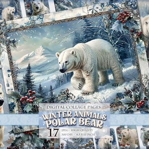Wintertiere - Eisbär, Schneelandschaft, printable 15 JPG Bild, Junk Journal, Scrapbook, Ephemera Tag Label, sofort download.