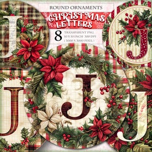 Kerstbrieven - J - aquarel clipart bundel 8 HQ PNG afdrukbare deurhanger kransen teken ronde ornament cadeau afbeelding, instant download.