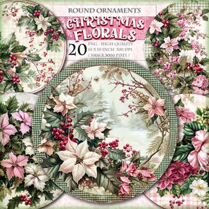 Op de afbeelding: Twintig ronde kerstversieringen met bloemmotieven met kerststerren, hulst, bessen en een winterscène. Elke versiering heeft een diameter van 25,4 cm en 300 DPI.