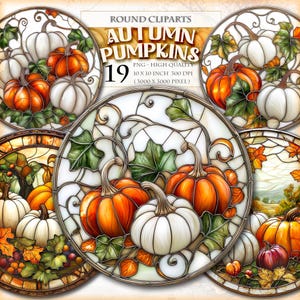 May include: A set of round clip art images showcasing autumn pumpkins. The pumpkins are orange and white, with green leaves and a stained-glass design. The text "AUTUMN PUMPKINS" is displayed.