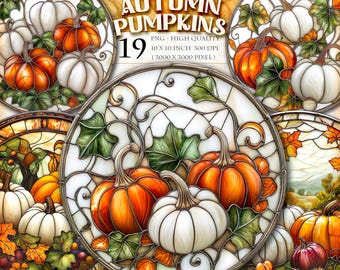 Autumn Pumpkins Stained Glass Round Clipart, Printable 19 PNG Images (Digital Download)