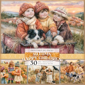 May include: A digital illustration of three children in knit hats and sweaters sitting in a red wagon with a small black and white dog, surrounded by a pumpkin patch at sunset. The image includes text reading PRINTABLE JPG PAGES AUTUMN HAPPY CHILDREN 30.