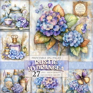 Op de afbeelding: Een collage van aquarel afbeeldingen met blauwe en paarse hortensia's, een theepot, parfumflesjes en een vlinder. De tekst "RUSTIC HYDRANGEA" en "27" zijn zichtbaar. De afbeeldingen zijn 25,4 x 25,4 cm.