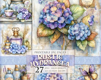 Może przedstawiać: Kolaż akwareli z niebieskimi i fioletowymi hortensjami, imbrykiem, butelkami perfum i motylem. Widoczny tekst "RUSTIC HYDRANGEA" i "27". Obrazy mają wymiary 25,4 x 25,4 cm.