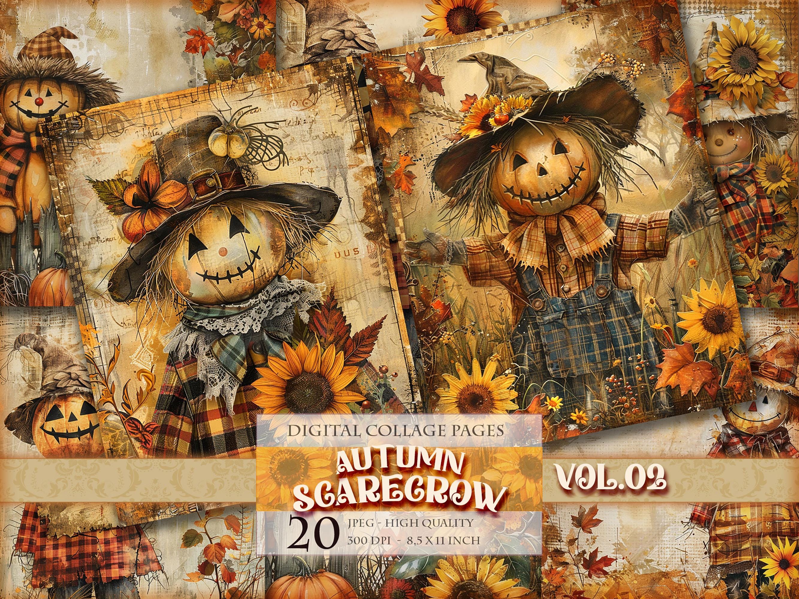 Autumn Scarecrow Vol.02, Autumn Landscape, Printable Digital Scrapbook Pages, 11X8,5 inch 20 JPG file, Decoupage, Postcard Instant download.