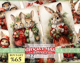 Christmas Bunnies Watercolor Junk Journal Pages, Labels, ATC, 22 JPG - 11X8 inch, Instant download and printable, Digital collage sheet